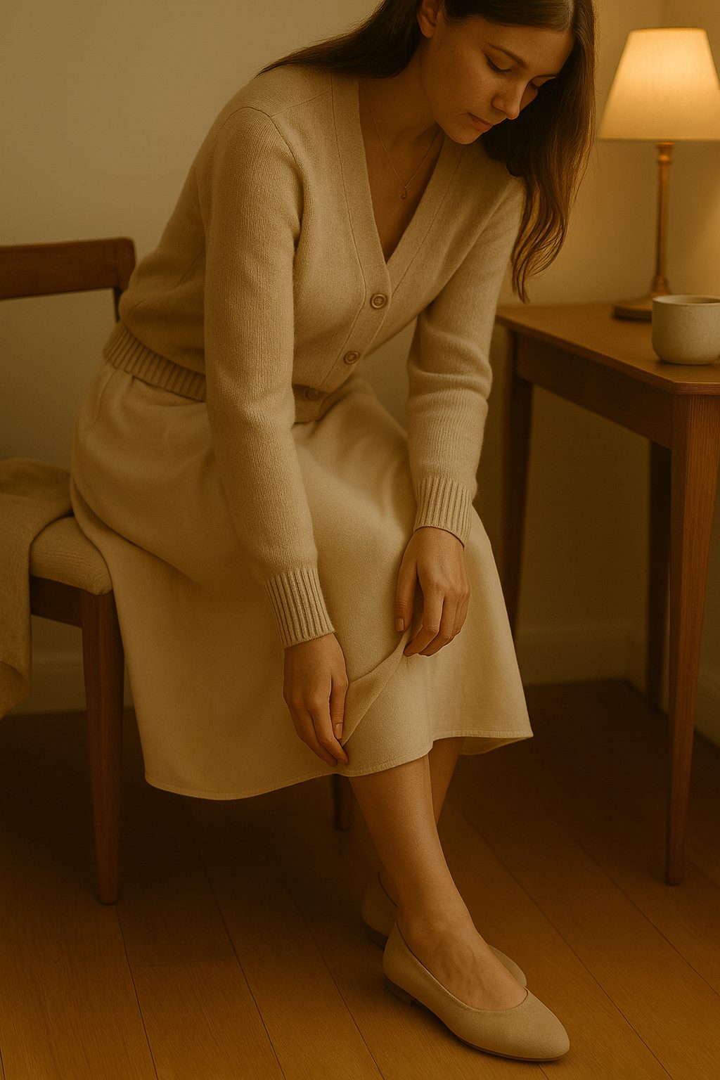 Soft cardigan set with midi skirt and delicate necklace for Elegant Christmas Day Outfits.