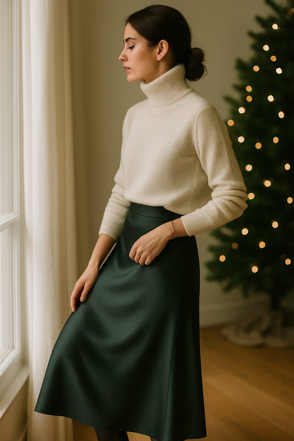 Cashmere turtleneck with slip skirt and flats styled for Elegant Christmas Day Outfits.