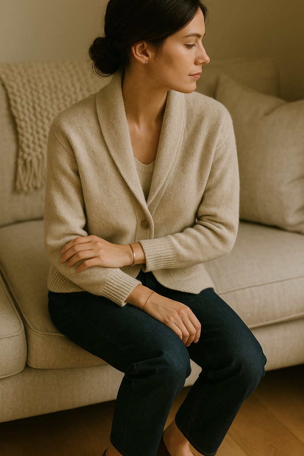 Shawl collar cardigan with dark denim and loafers for Elegant Christmas Day Outfits.
