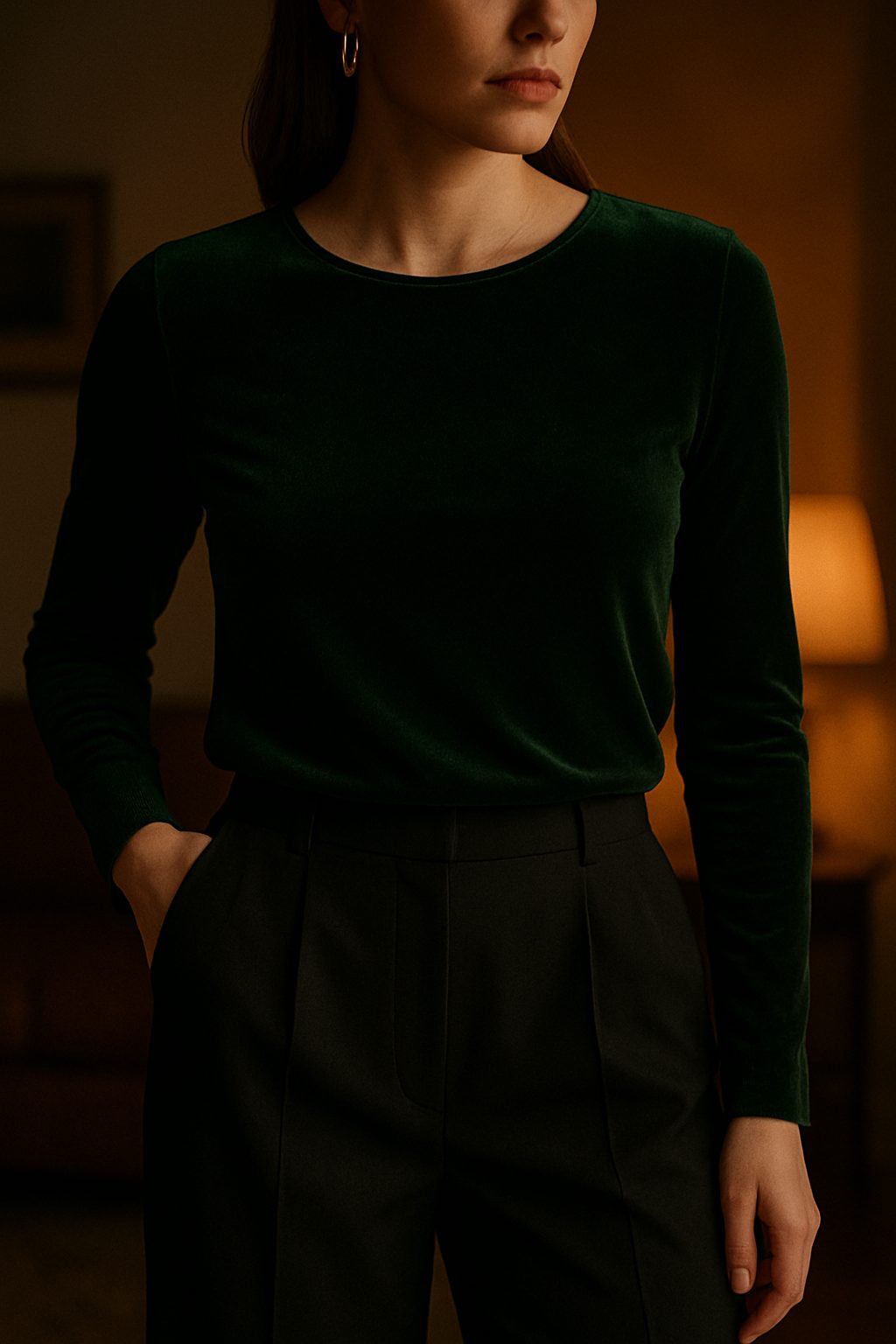 Velvet top with wide leg pants and statement earrings for Elegant Christmas Day Outfits.