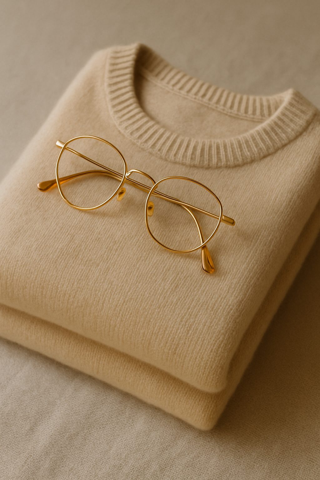A folded ivory cashmere sweater with gold reading glasses on top, showcasing soft knit texture for a quiet luxury holiday gift guide.