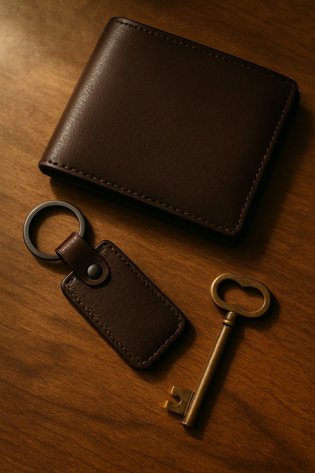 A flat lay of a leather wallet, key fob, and brass key on a wooden surface, highlighting classic pieces for an old-money holiday gift guide.