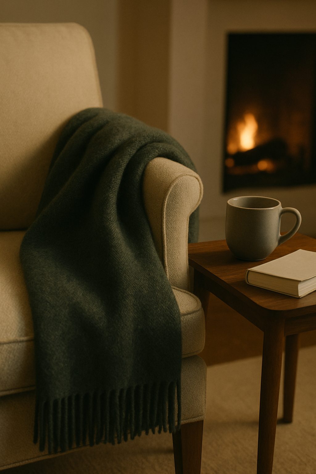 A wool throw on a classic armchair with a book and cup beside it, creating a warm and cozy scene for a thoughtful holiday gift guide.