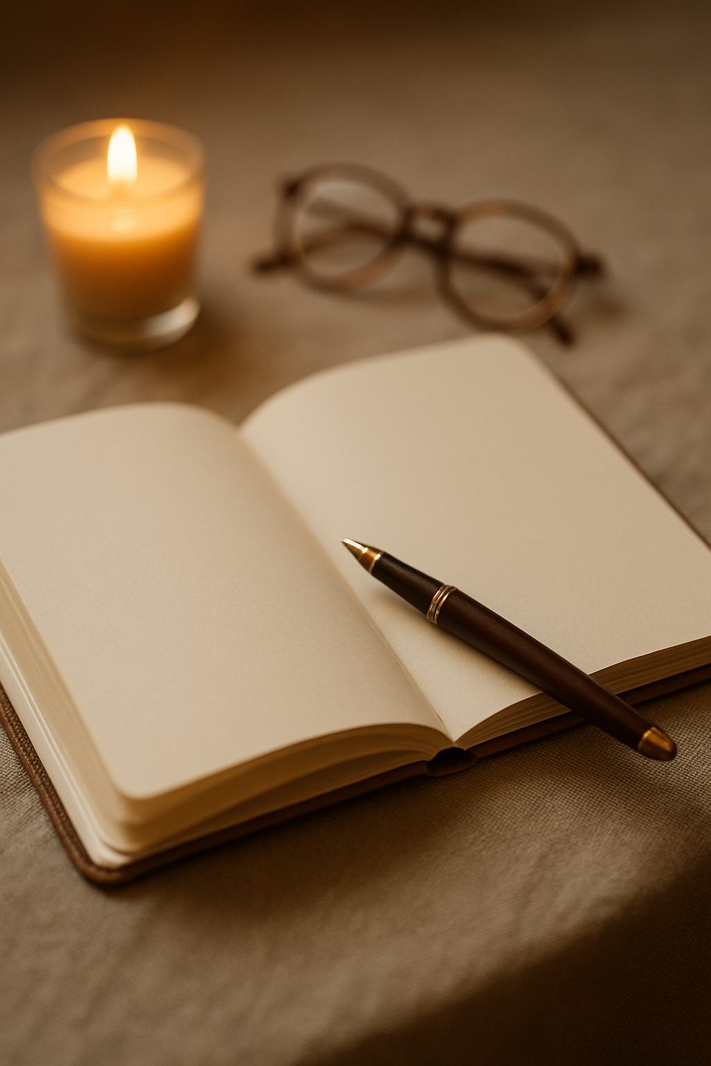 An open journal with a fine pen and a softly lit candle in the background, capturing a reflective moment in a quiet luxury holiday gift guide.