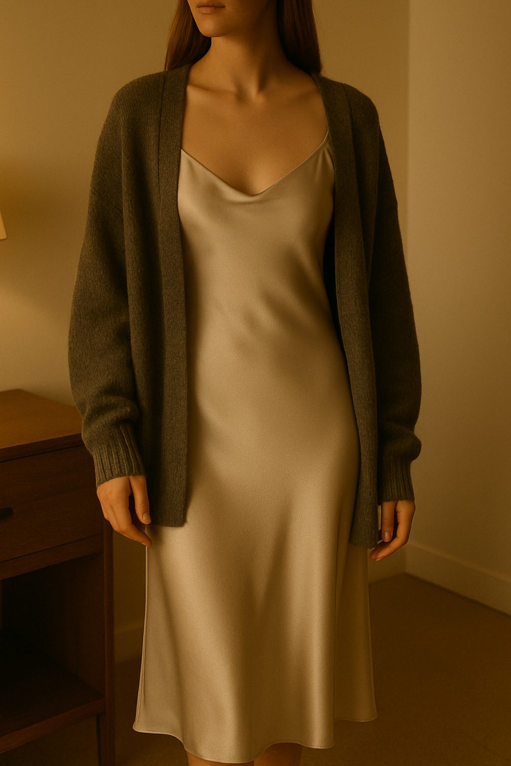 Champagne or black slip dress paired with an oversized cardigan in a softly lit room, an elegant and comfortable option for casual new years eve outfits.