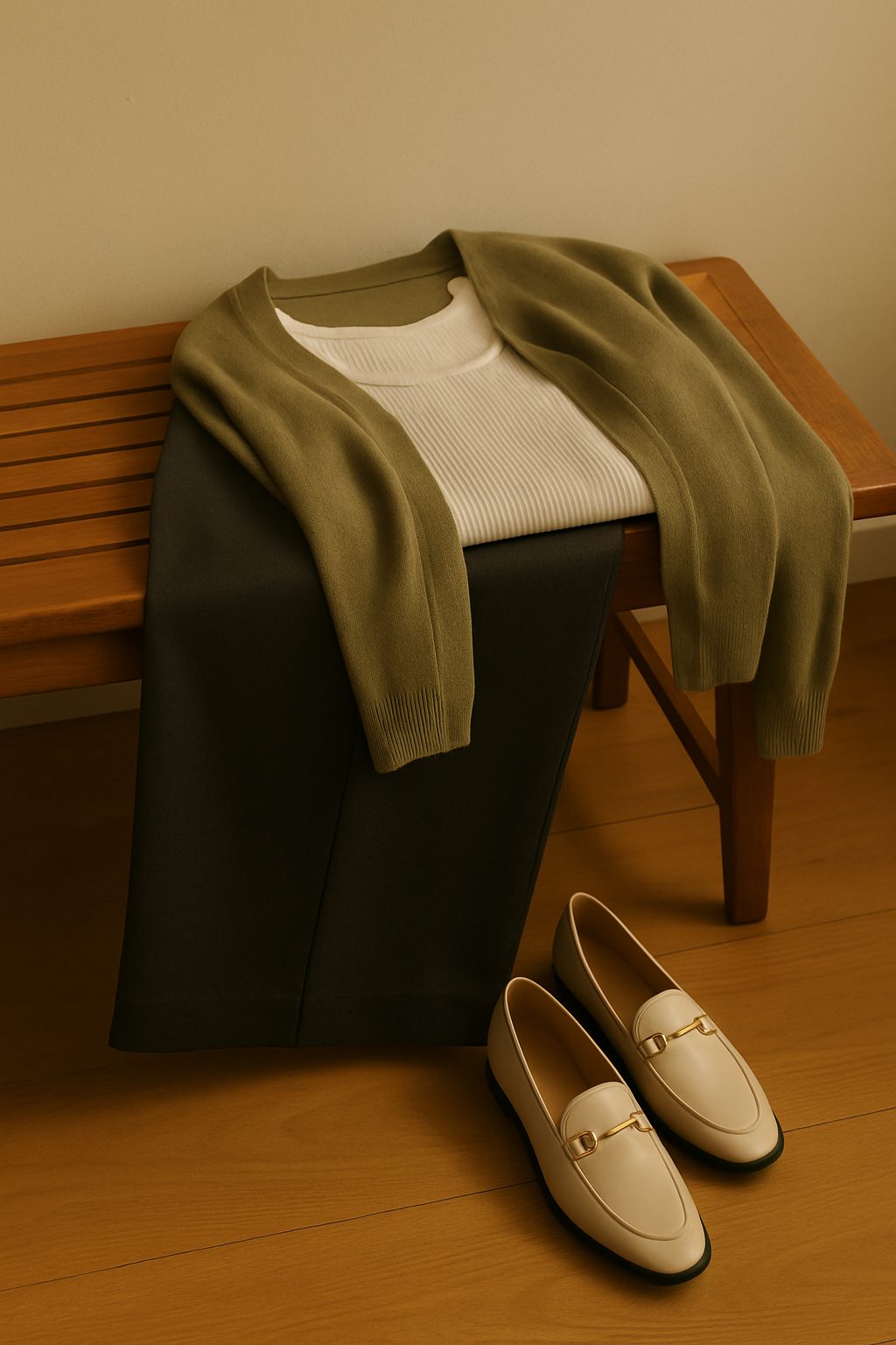 Outfit of wide leg trousers, a fitted tank, and a thin cardigan laid across a vintage bench with loafers nearby, a calm host-ready idea for casual new years eve outfits.