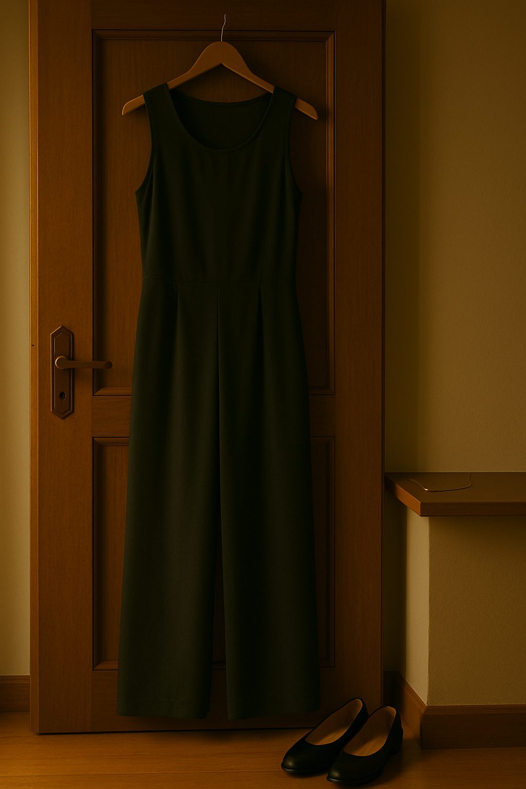 Black or deep green jumpsuit hanging on a wooden door with simple flats and a delicate necklace, a minimalist go-to for casual new years eve outfits.