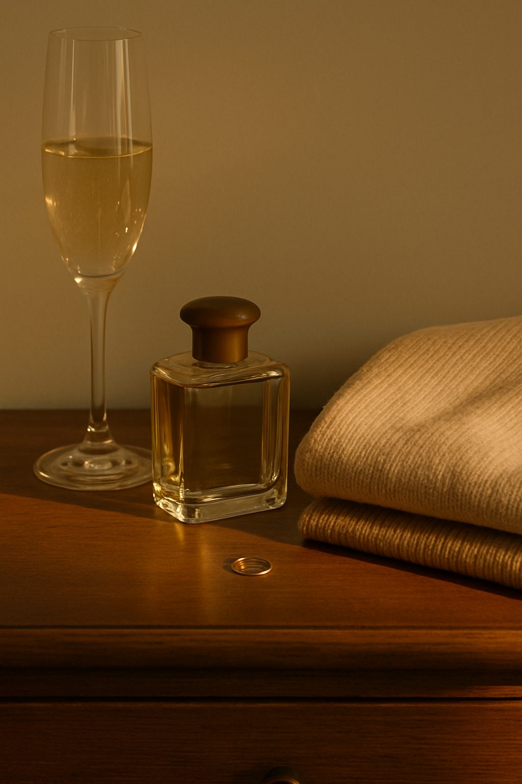 A quiet-luxury vanity scene with a champagne glass, a gold-capped perfume bottle, a tiny gold ring, and a folded cream sweater arranged on a wooden dresser, softly lit with warm evening light for a calm, elegant New Year’s Eve mood.