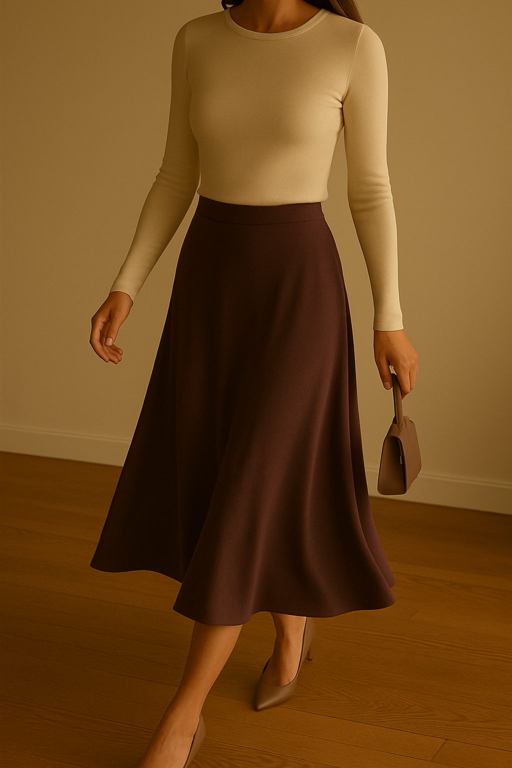 Mid-movement shot of a flowing plum or forest midi skirt with a fitted top and a small clutch, a feminine and easy look for casual new years eve outfits.