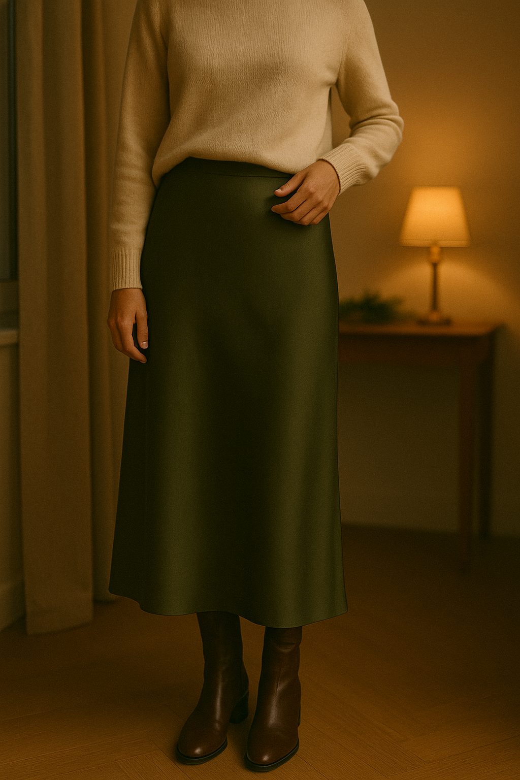 Waist-to-ankle view of a cream cashmere turtleneck tucked into a forest-green silk slip skirt with leather boots, styled in soft evening light for a relaxed Christmas Eve outfit.