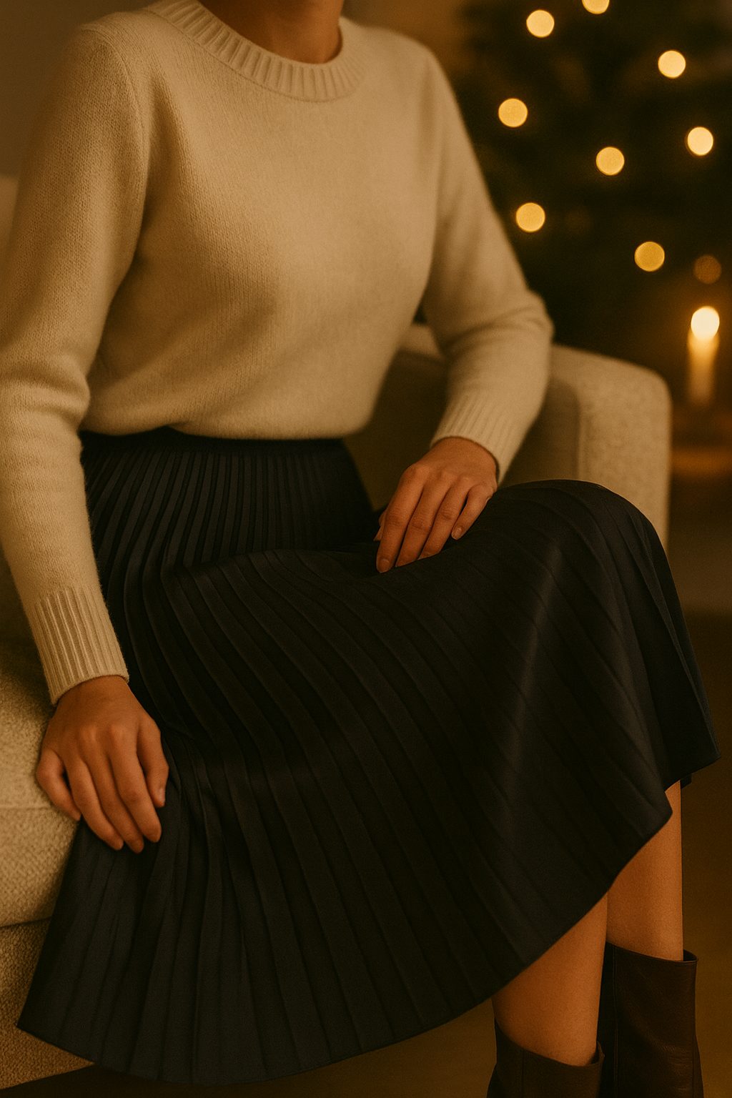 Close-up of a cream cashmere sweater styled with a navy pleated midi skirt as she walks near candlelight, offering a cozy quiet-luxury idea for Christmas Eve outfits.