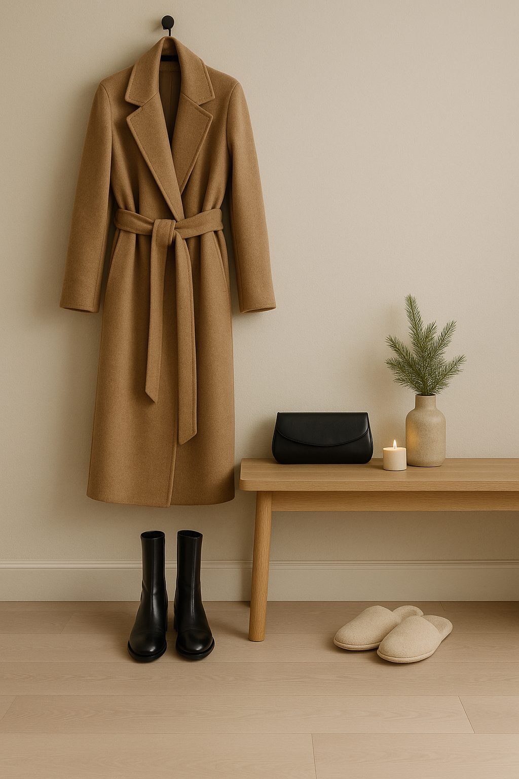 Minimal entryway scene with polished leather boots, a wool coat on a hook, a small clutch on a bench, house slippers, and soft greenery, reflecting warm, elegant christmas eve outfits