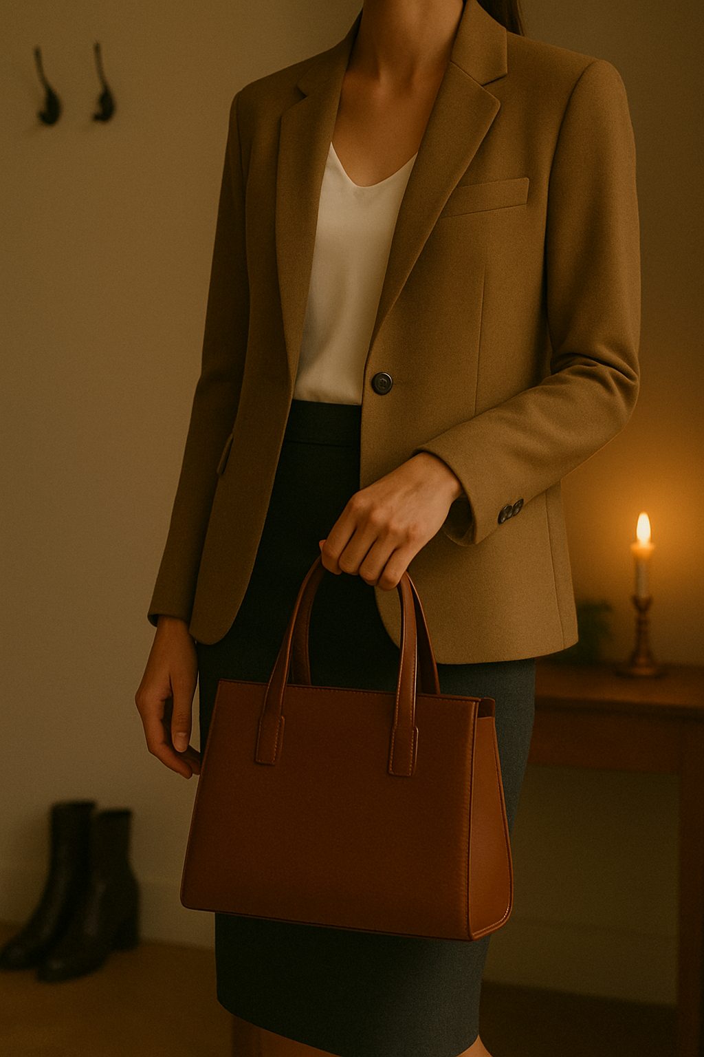 Entryway shot of a camel or charcoal blazer layered over a silk blouse with a pencil skirt, paired with a structured leather bag, giving a sophisticated Christmas Eve outfit idea.