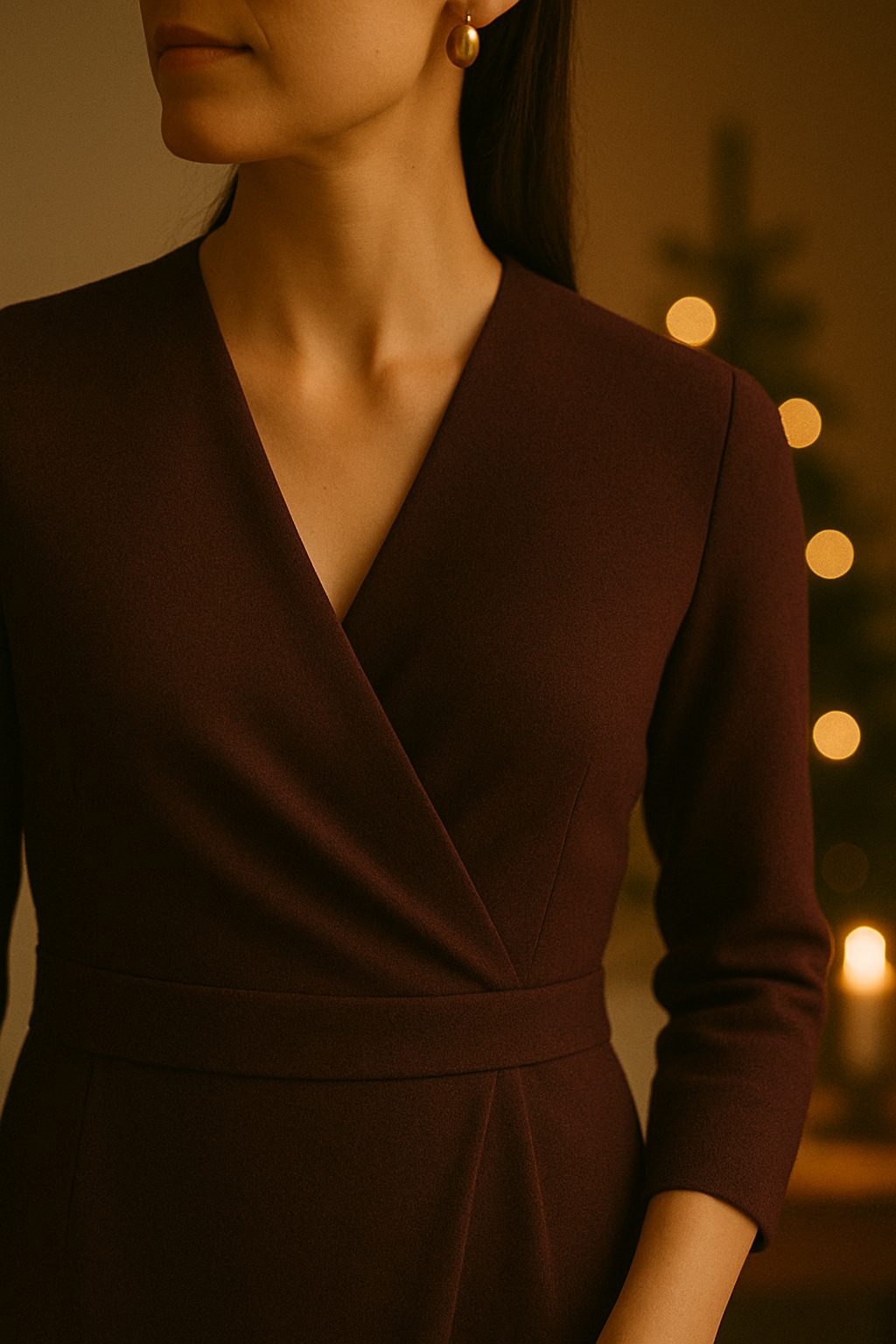 Close-up of the draped neckline of a midnight-blue wool wrap dress with soft-gold earrings catching warm light, a quietly elegant option for Christmas Eve outfits.