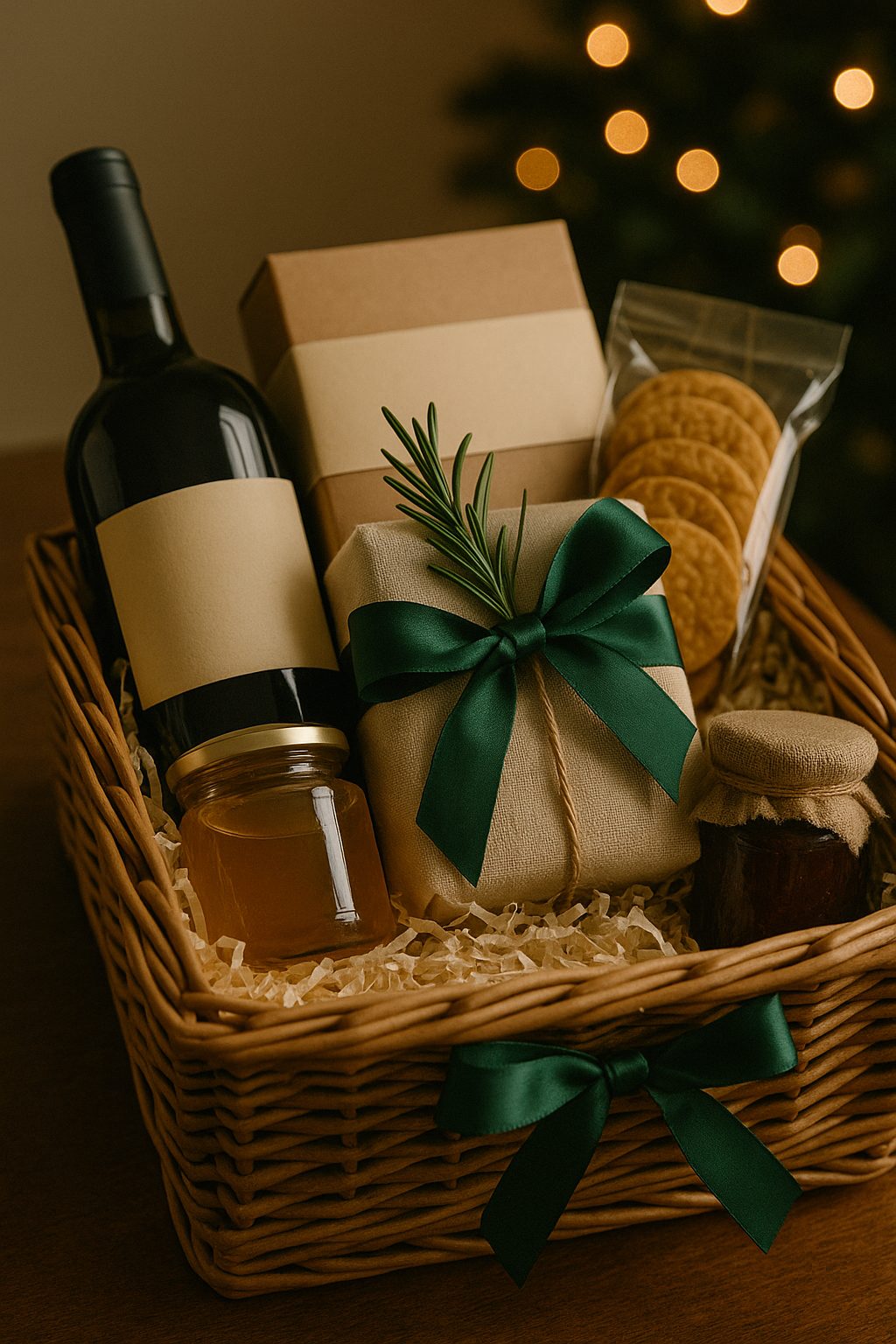 A refined Christmas hamper with ribbon, artisanal foods, and greenery under soft winter light, shown as an elevated christmas hostess gift in a holiday gift guide.