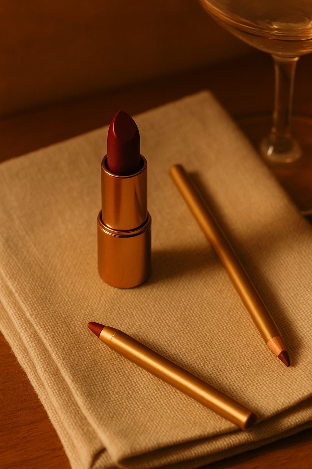 A wine-toned lipstick and gold lip liner arranged on linen, capturing a classic lip moment for timeless new years makeup.