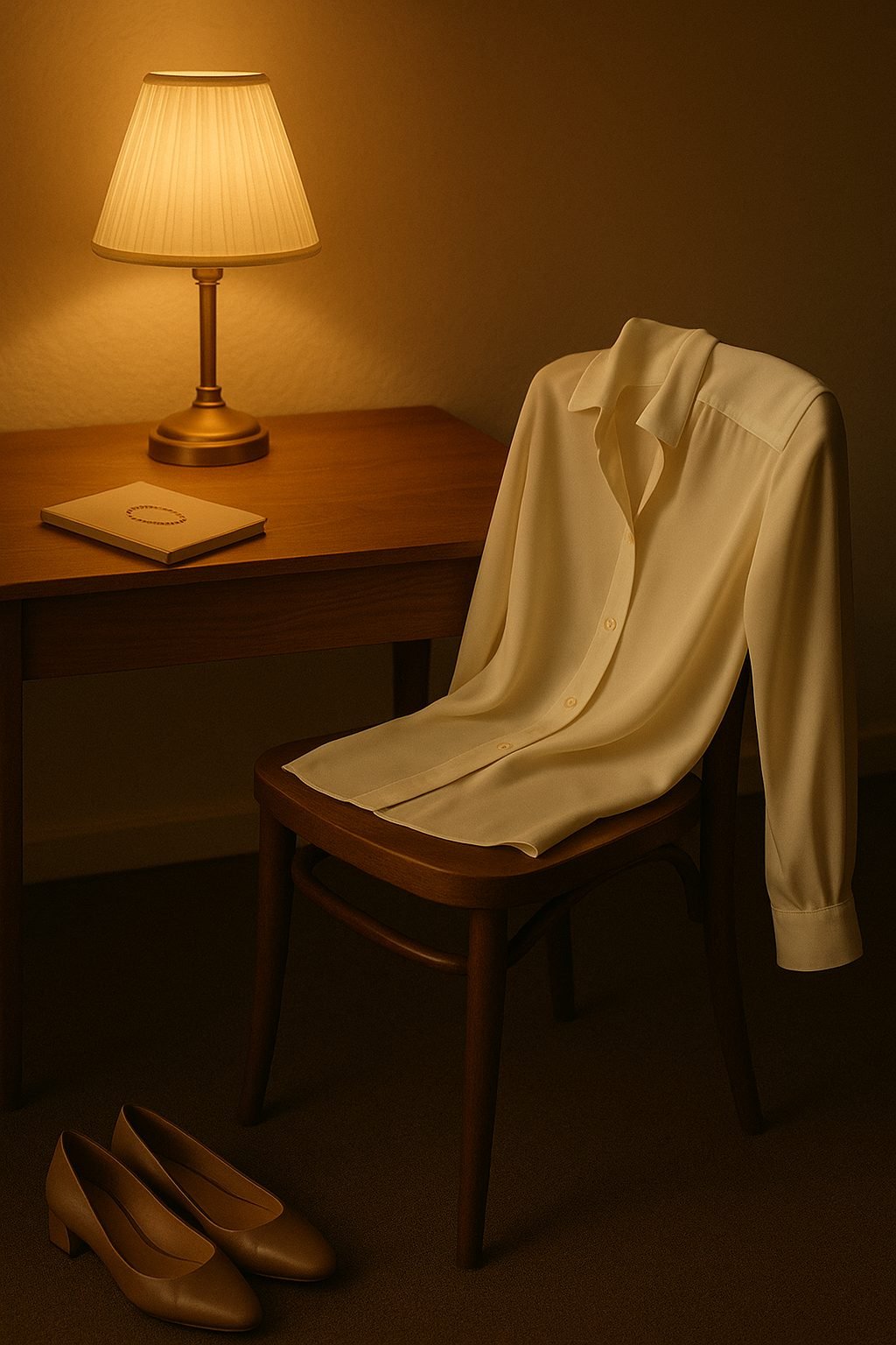 Warm work-holiday vignette with a silk blouse draped over a chair, soft lamp glow, gold necklace, and low heels, setting the tone for choosing a work holiday party outfit.