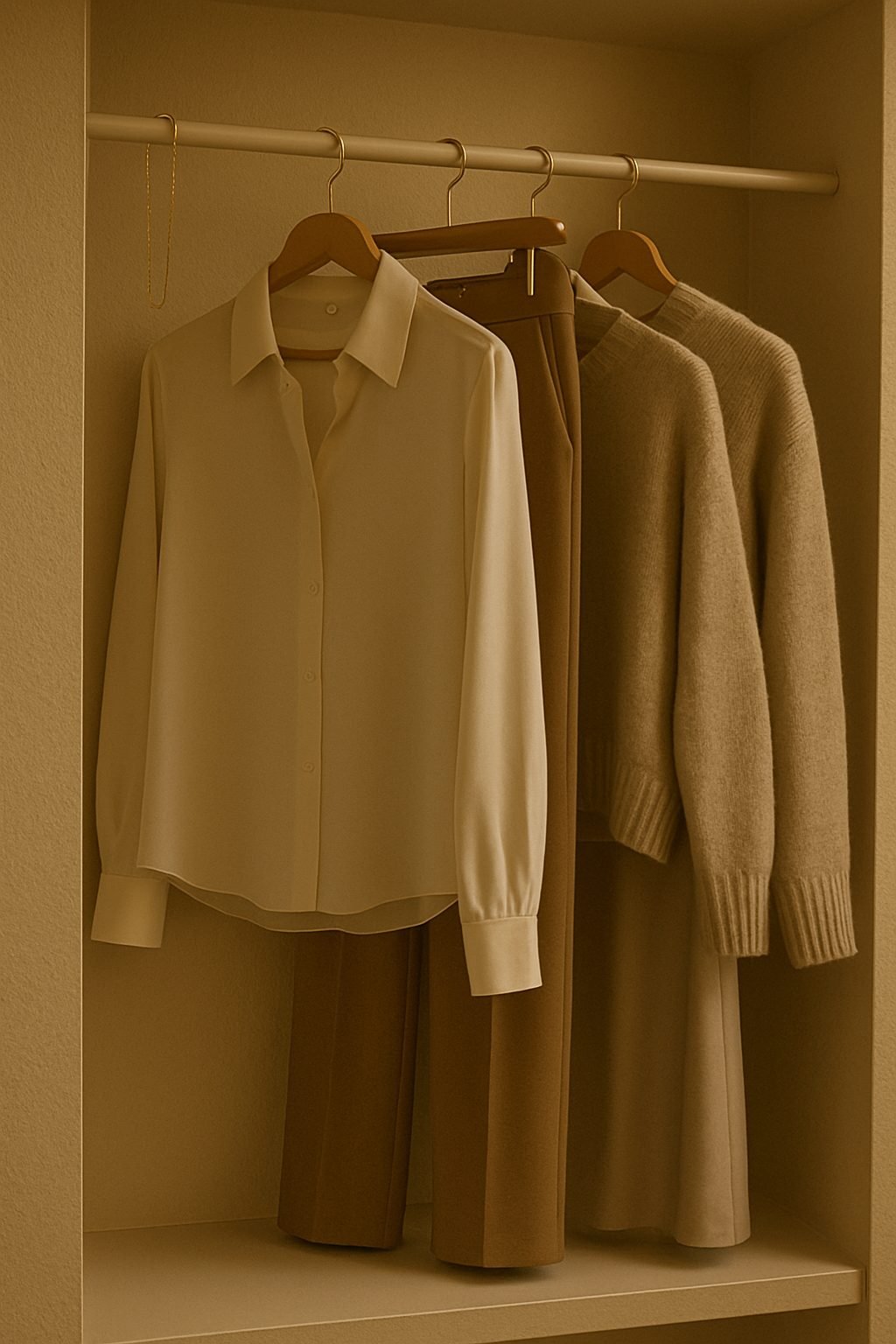 Neutral-toned work holiday party outfit pieces on a clothing rack, including a cream blouse, camel trousers, oatmeal knit, silk skirt, and a small gold necklace.