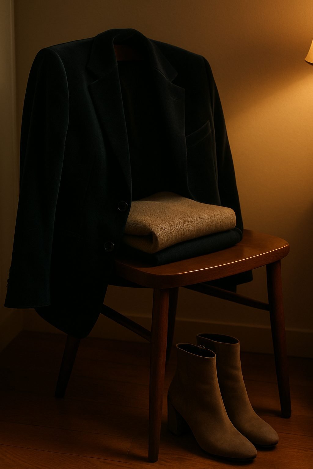 Work holiday party outfit inspiration showing a velvet blazer draped over a chair with a folded knit sweater and ankle boots in warm lamplight.
