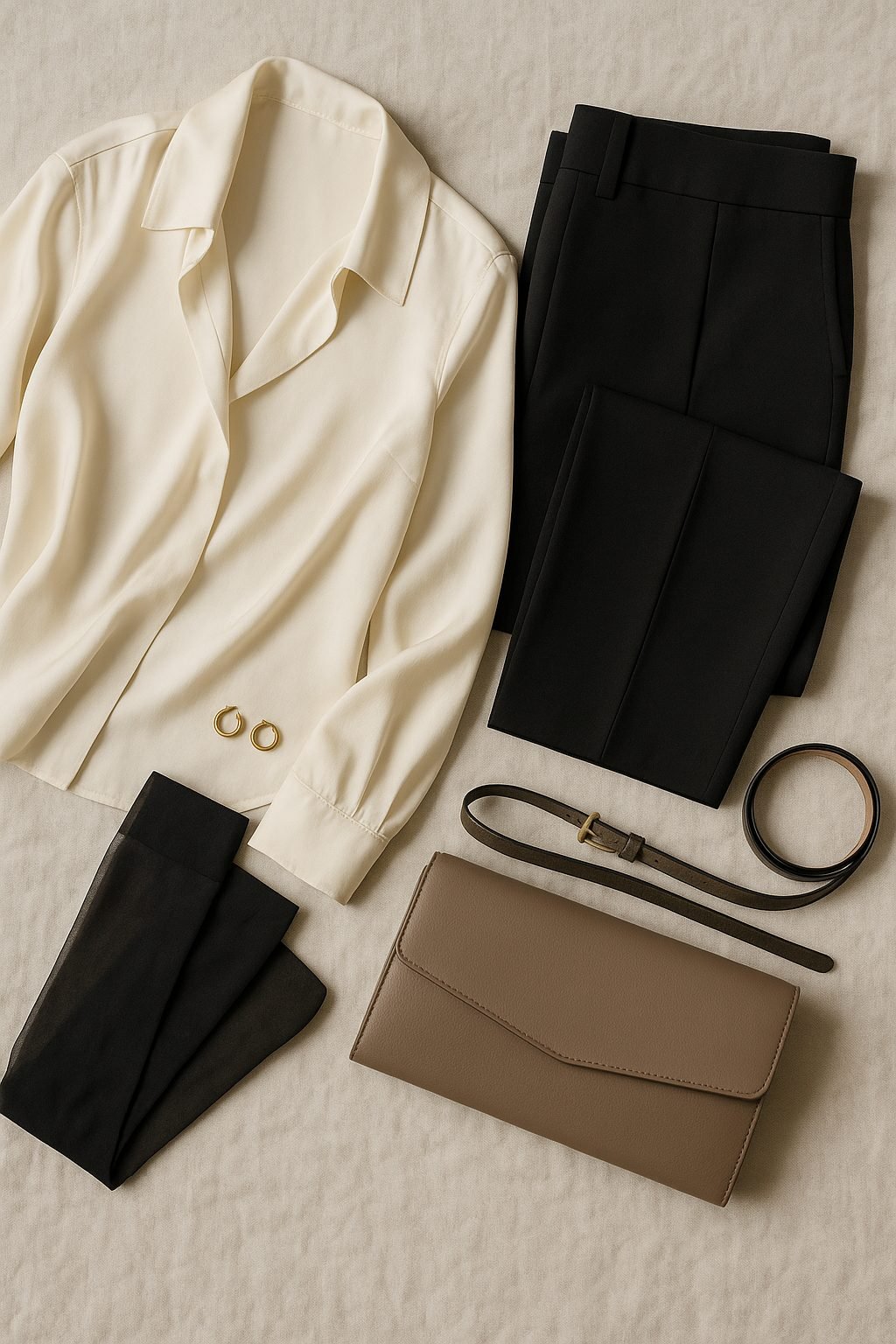 Flat lay of closet staples — cream silk blouse, black trousers, sheer tights, gold hoops, belt, and clutch — showing how to restyle existing pieces to create a work holiday party outfit.