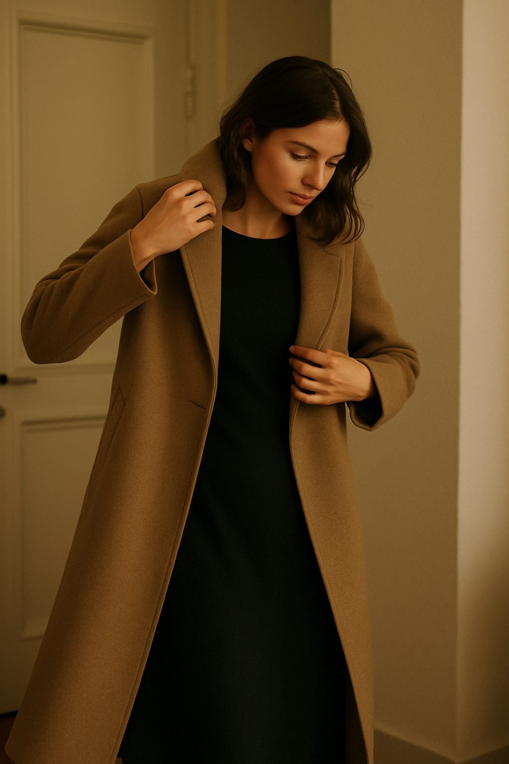 Woman adjusting a camel or grey coat over a dark midi dress in soft evening light, illustrating a polished and elegant work holiday party outfit idea.