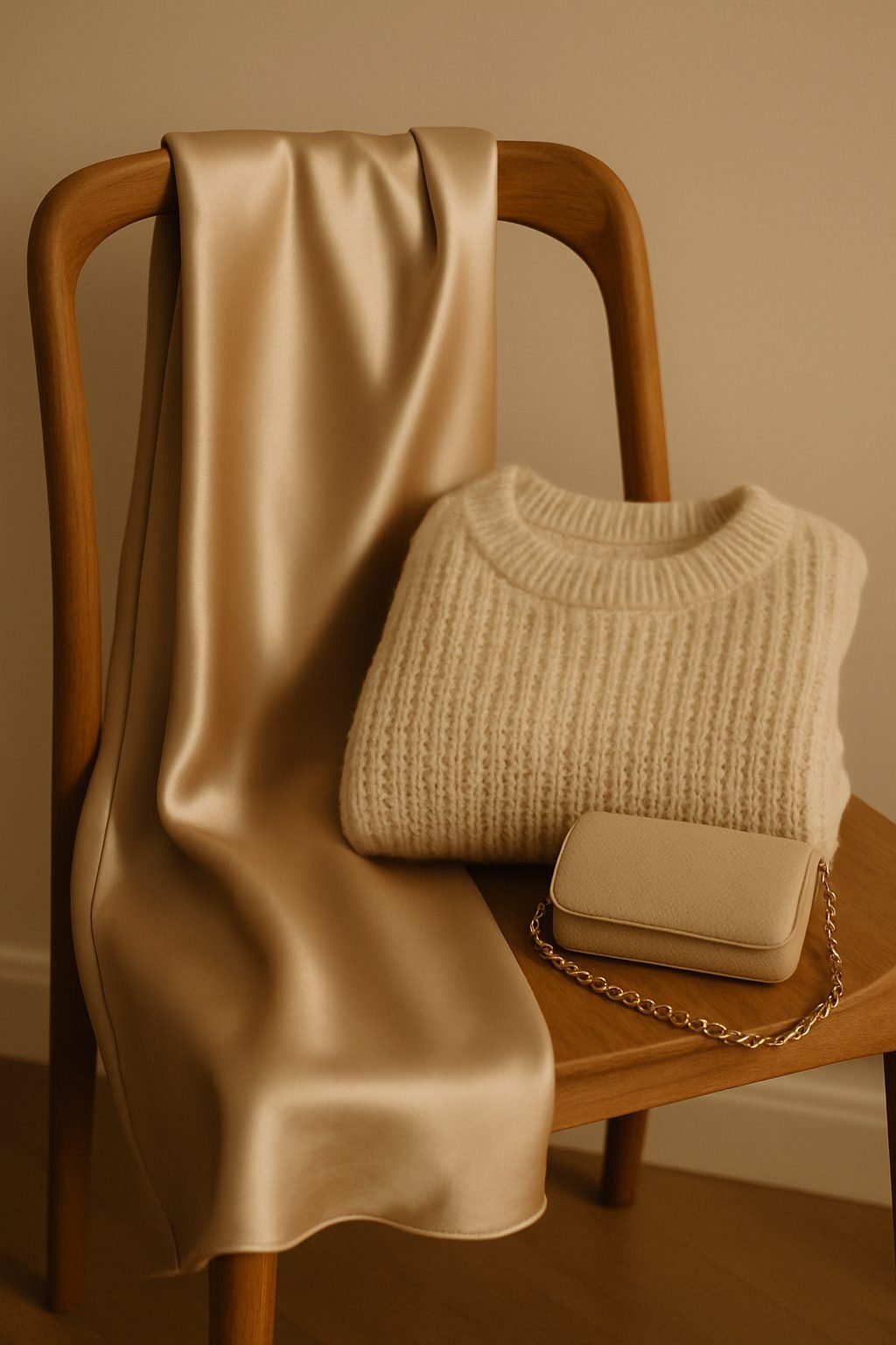 Close-up of a neutral knit sweater paired with a champagne satin skirt and clutch, highlighting cozy-meets-polished textures for a refined work holiday party outfit.