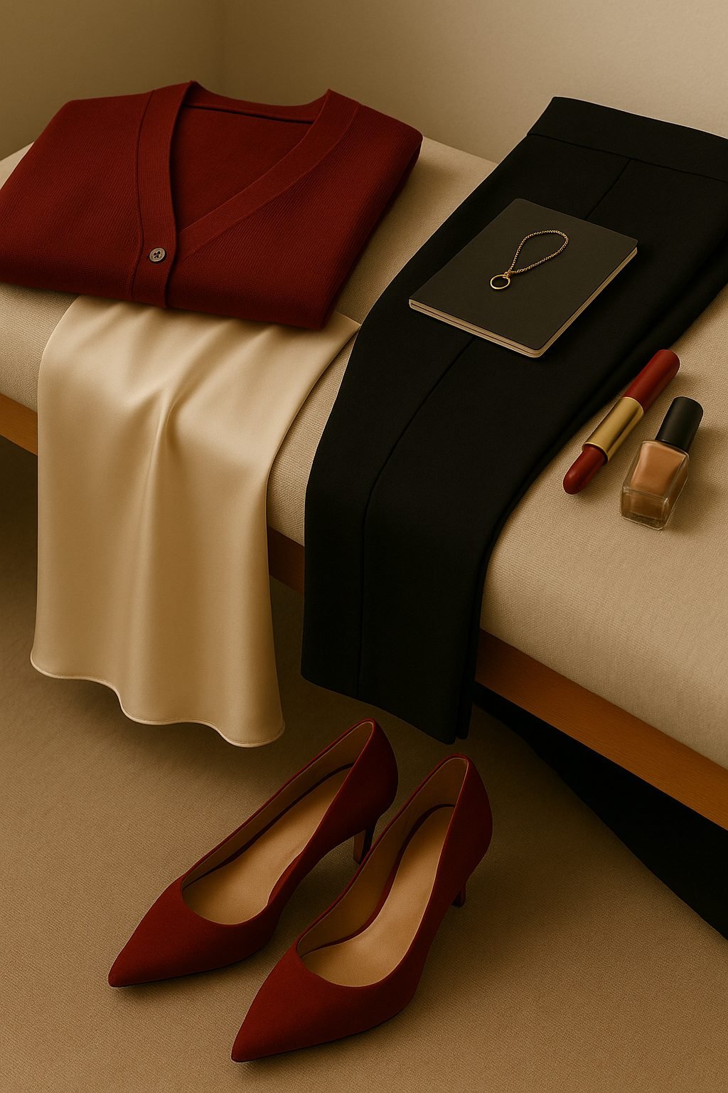 Still-life of a red accessory paired with neutrals, including a slip skirt and lipstick, offering a subtle festive color detail for a work holiday party outfit.