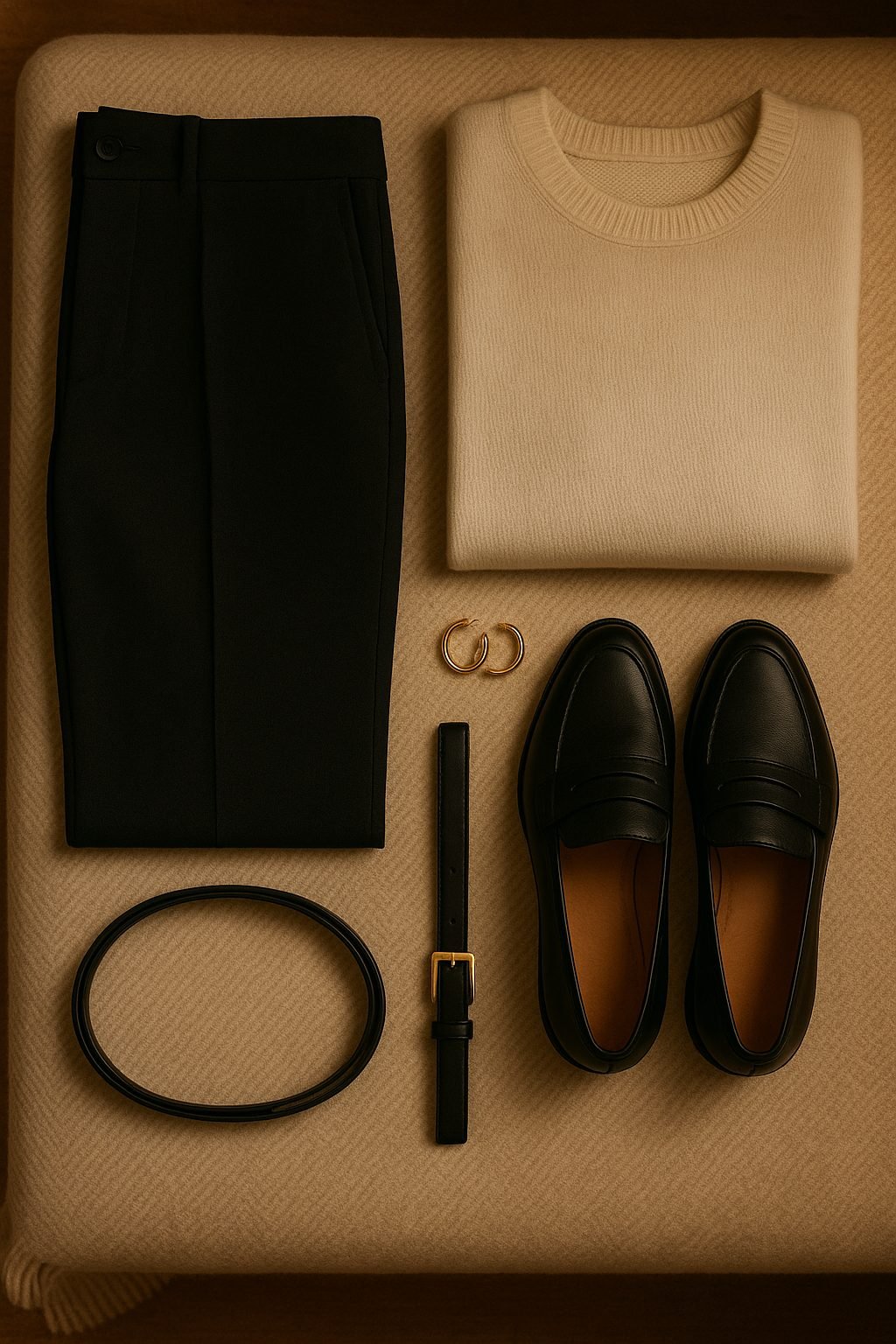 Flat lay work holiday party outfit including black trousers, a cream sweater, loafers, a slim belt, and gold hoops arranged on a beige throw.