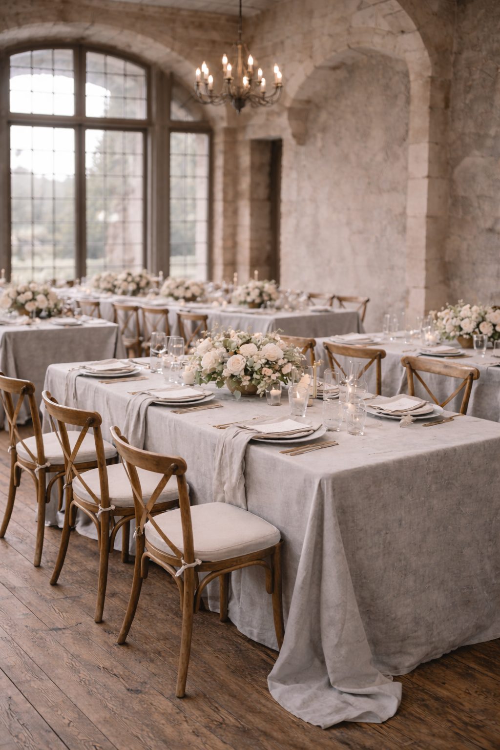 Elegant empty wedding venue with stone walls, wood floors and soft natural light, calm timeless palette from 2026 Wedding Colors