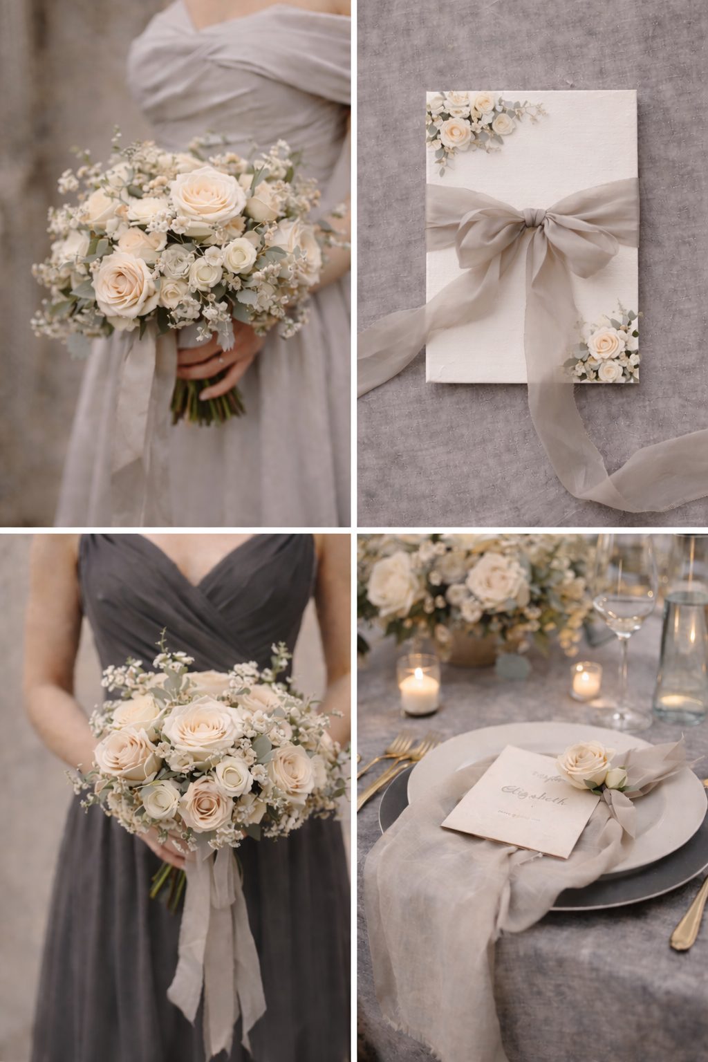 Stone grey wedding collage with bouquet, floral invitation, bridesmaid dress and table setting in ivory and taupe, 2026 Wedding Colors