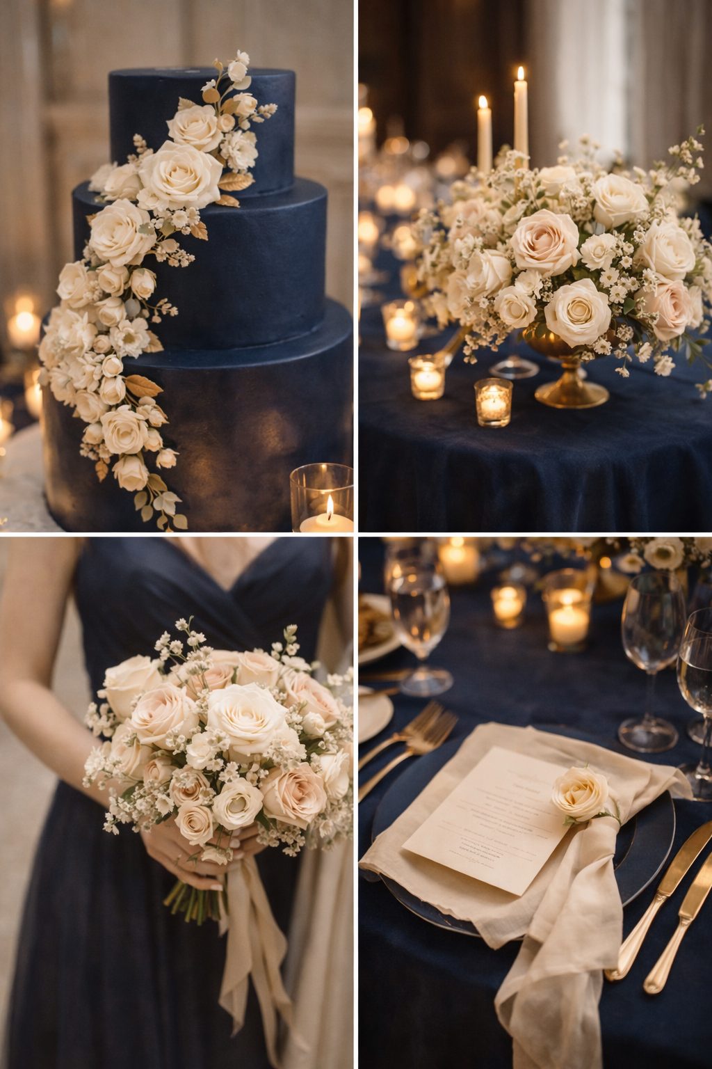 Deep navy wedding cake, florals and table setting with ivory and gold accents, illustrating elegant 2026 Wedding Colors