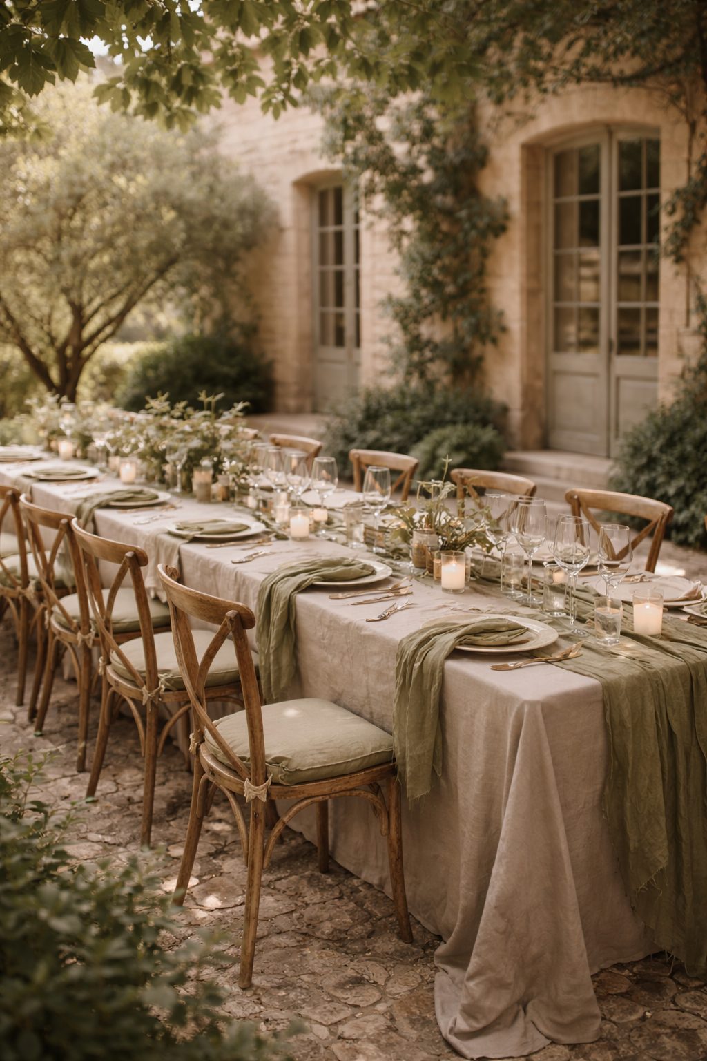 Outdoor garden wedding table styled in soft neutrals and greenery, capturing natural elegance from 2026 Wedding Colors