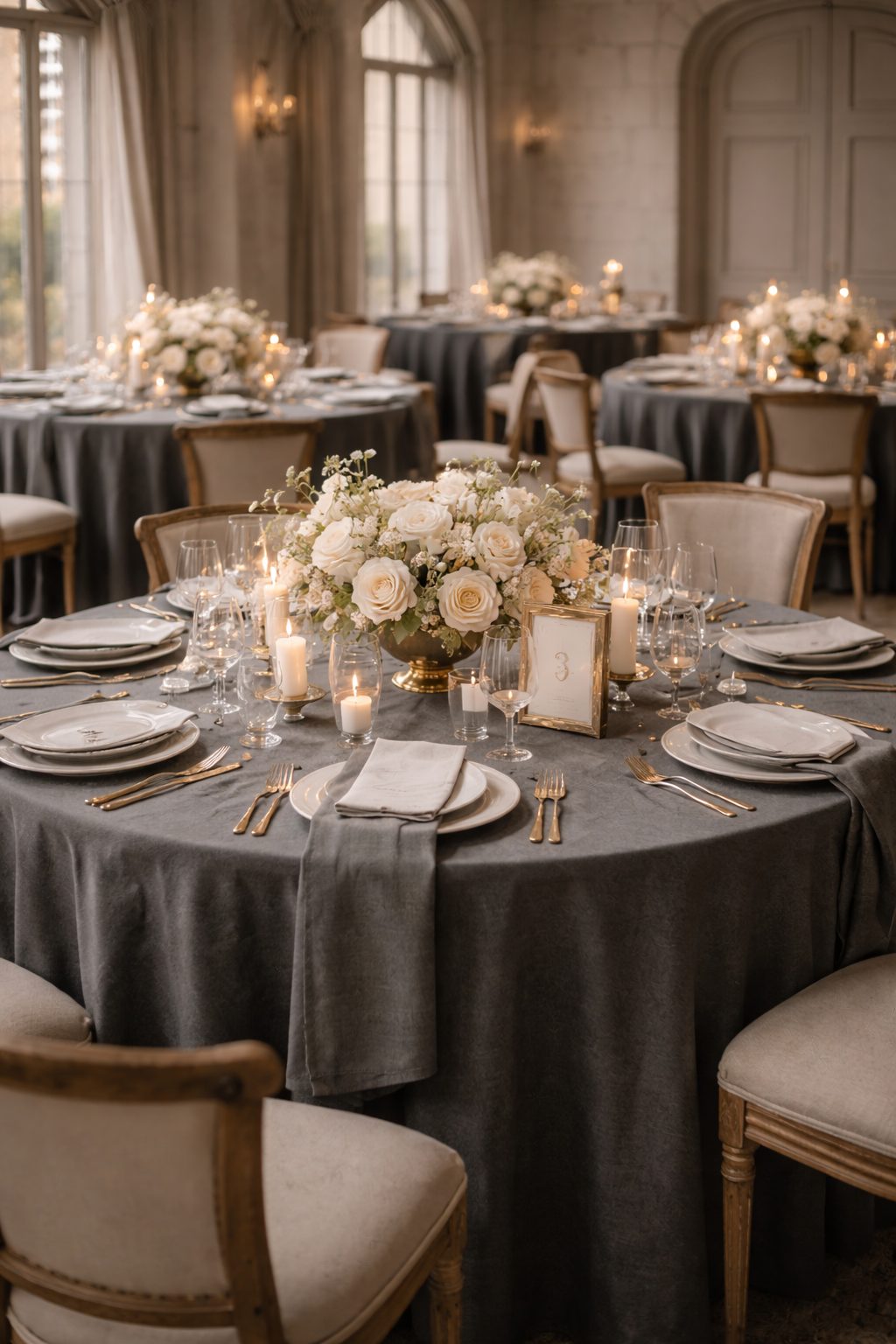 Charcoal grey round wedding tables with ivory florals and candlelight in an estate venue, reflecting 2026 Wedding Colors