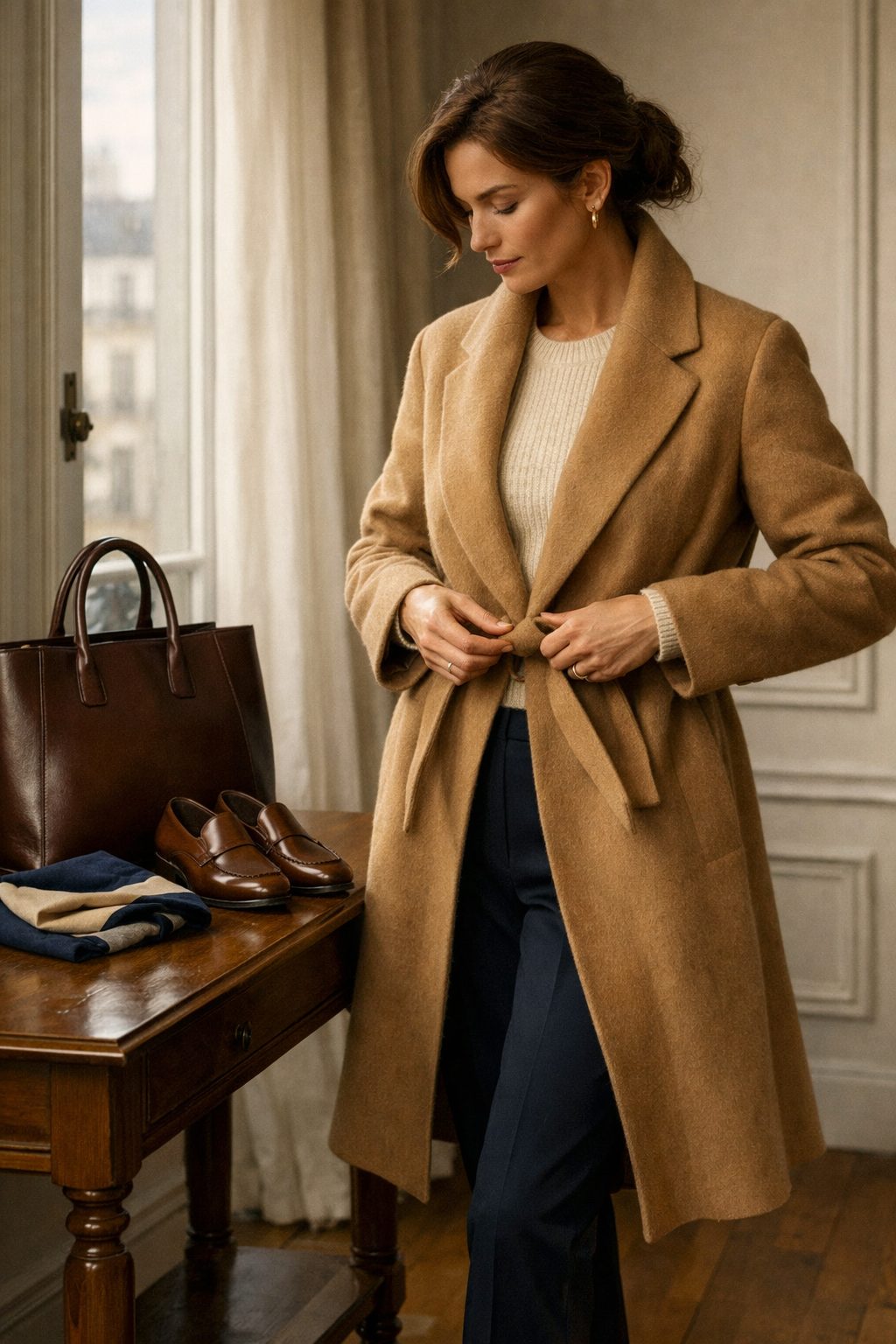 Camel wool coat layered over knit and trousers beside classic accessories, showing 7 Timeless Pieces to Start 2026 Right in real life