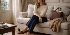 Quiet hallway moment in tailored layers and leather tote, reflecting 7 Timeless Pieces to Start 2026 Right with calm old money style