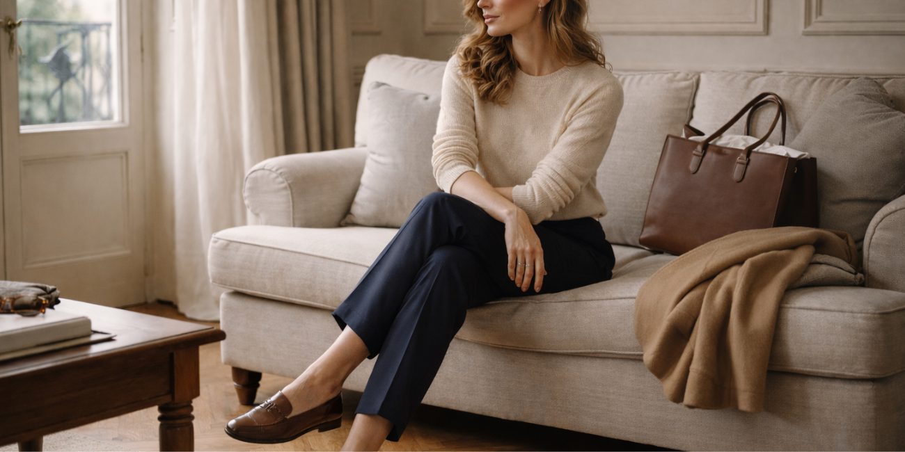 Quiet hallway moment in tailored layers and leather tote, reflecting 7 Timeless Pieces to Start 2026 Right with calm old money style