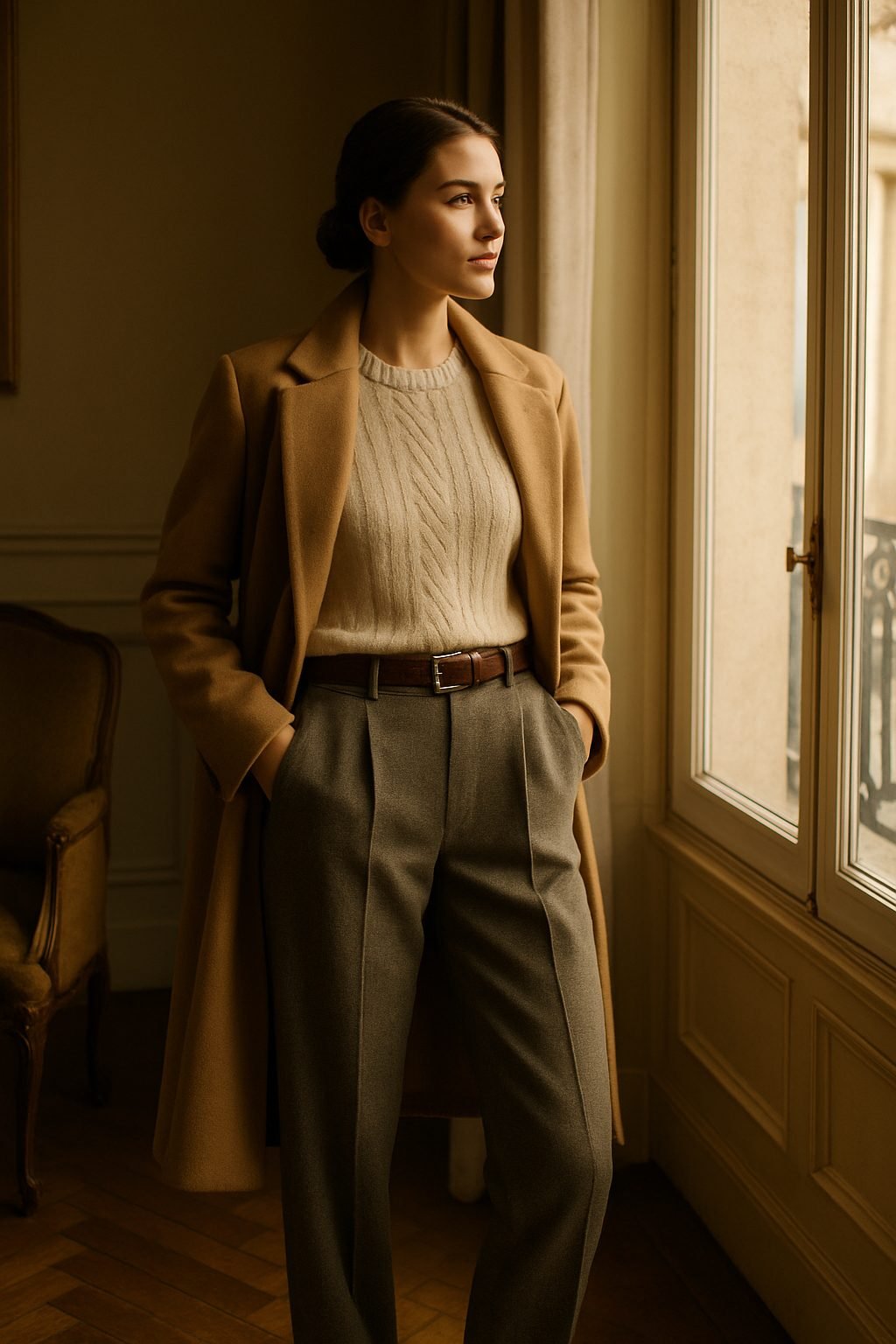 Woman in camel coat and cream knit by a window, capturing timeless old money style and Ralph Lauren ease for Capsule Wardrobe 2026