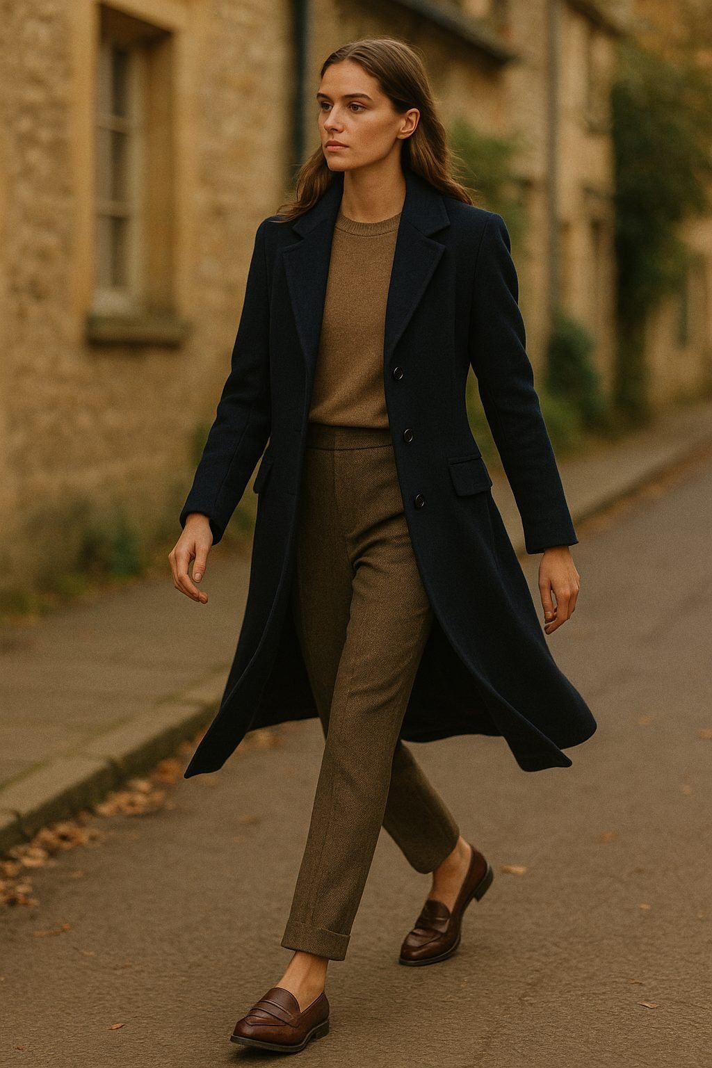 Woman walking a quiet European street in a navy wool coat and loafers, timeless old money style for Capsule Wardrobe 2026 inspiration
