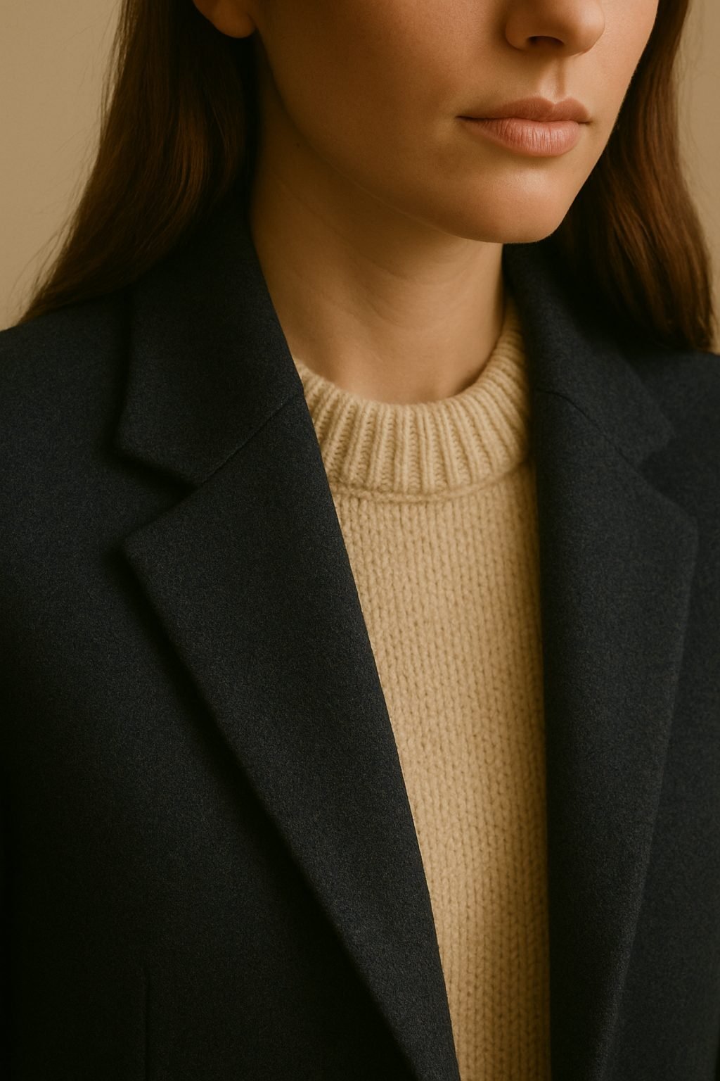 Close up of woman in navy wool coat and cream knitwear, refined fabric textures and old money style for Capsule Wardrobe 2026