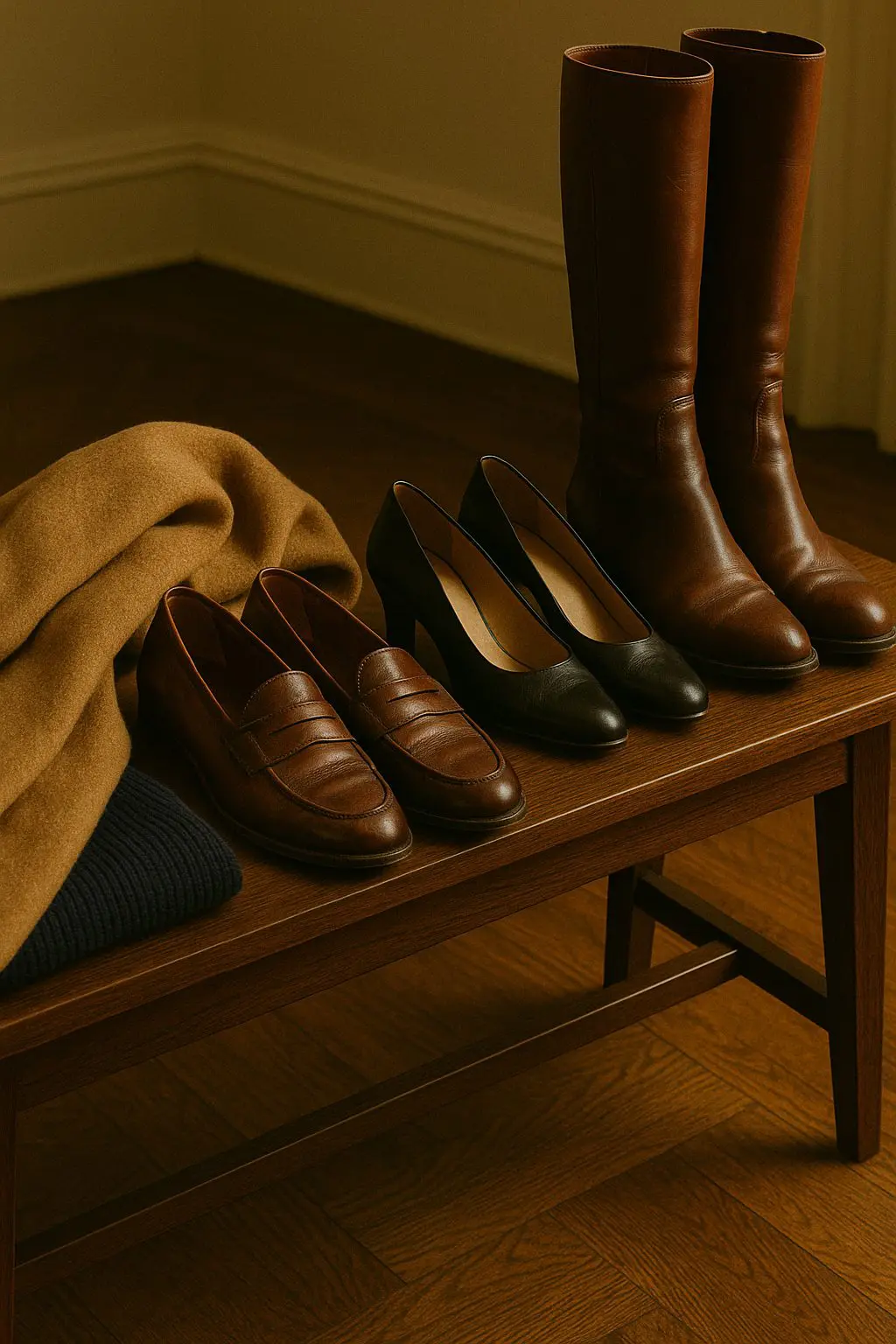 Dark walnut bench with classic shoes, camel coat and navy knit in warm light, Capsule Wardrobe 2026 timeless style details