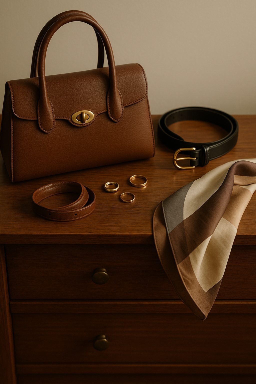 Brown leather handbag, belt, gold jewelry and silk scarf on wooden dresser, classic accessories for Capsule Wardrobe 2026