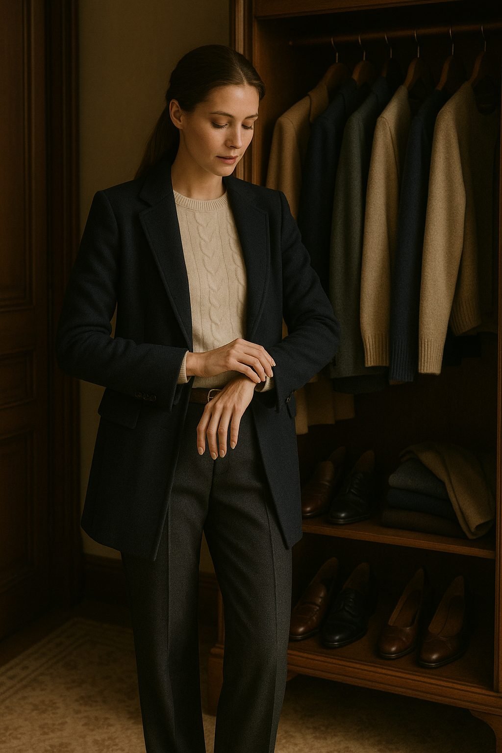 Refined woman adjusting sleeve before open wardrobe of neutral coats and leather shoes, calm old money style for Capsule Wardrobe 2026