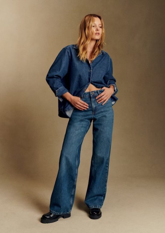 Relaxed denim shirt paired with wide-leg jeans, an easy everyday look for Capsule Wardrobe 2026 with timeless, wearable style