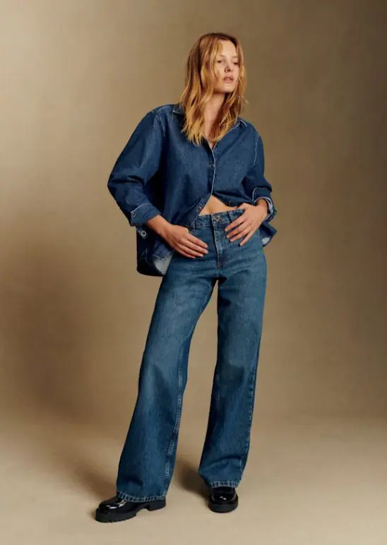 Relaxed denim shirt paired with wide-leg jeans, an easy everyday look for Capsule Wardrobe 2026 with timeless, wearable style
