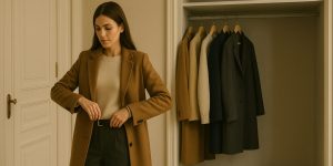 Woman adjusting wool coat beside a curated neutral wardrobe, calm old money apartment style and textures for Capsule Wardrobe 2026