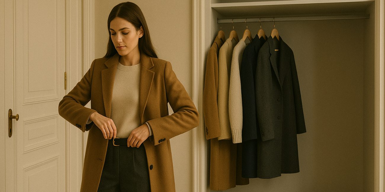 Woman adjusting wool coat beside a curated neutral wardrobe, calm old money apartment style and textures for Capsule Wardrobe 2026