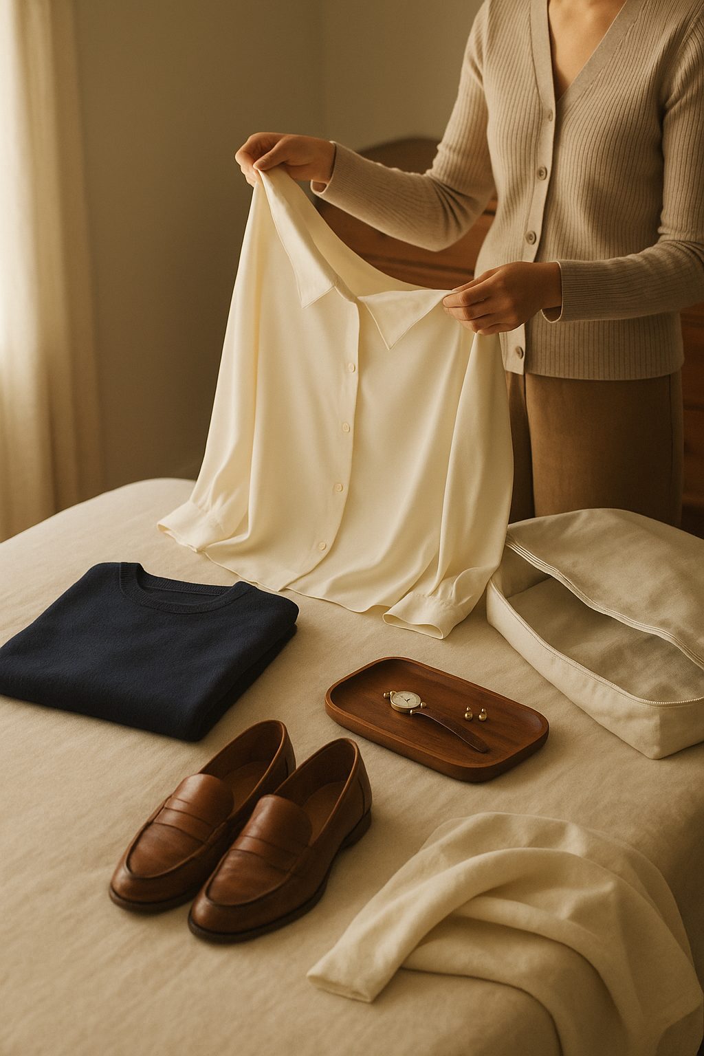 A calm wardrobe scene of folded classics during a season change. Do You Really Need New Clothes Every Season?