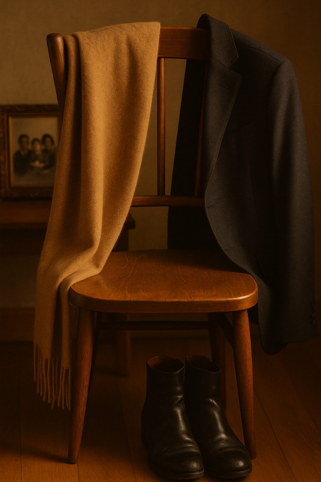 Vintage chair with scarf, blazer, and worn boots. Do You Really Need New Clothes Every Season?