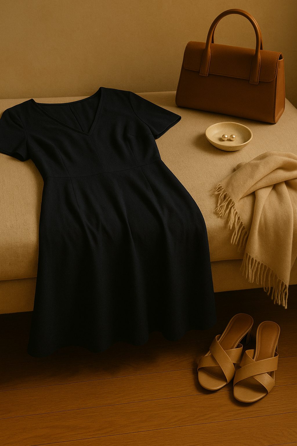 Navy dress with pearls and simple accessories. Do You Really Need New Clothes Every Season?