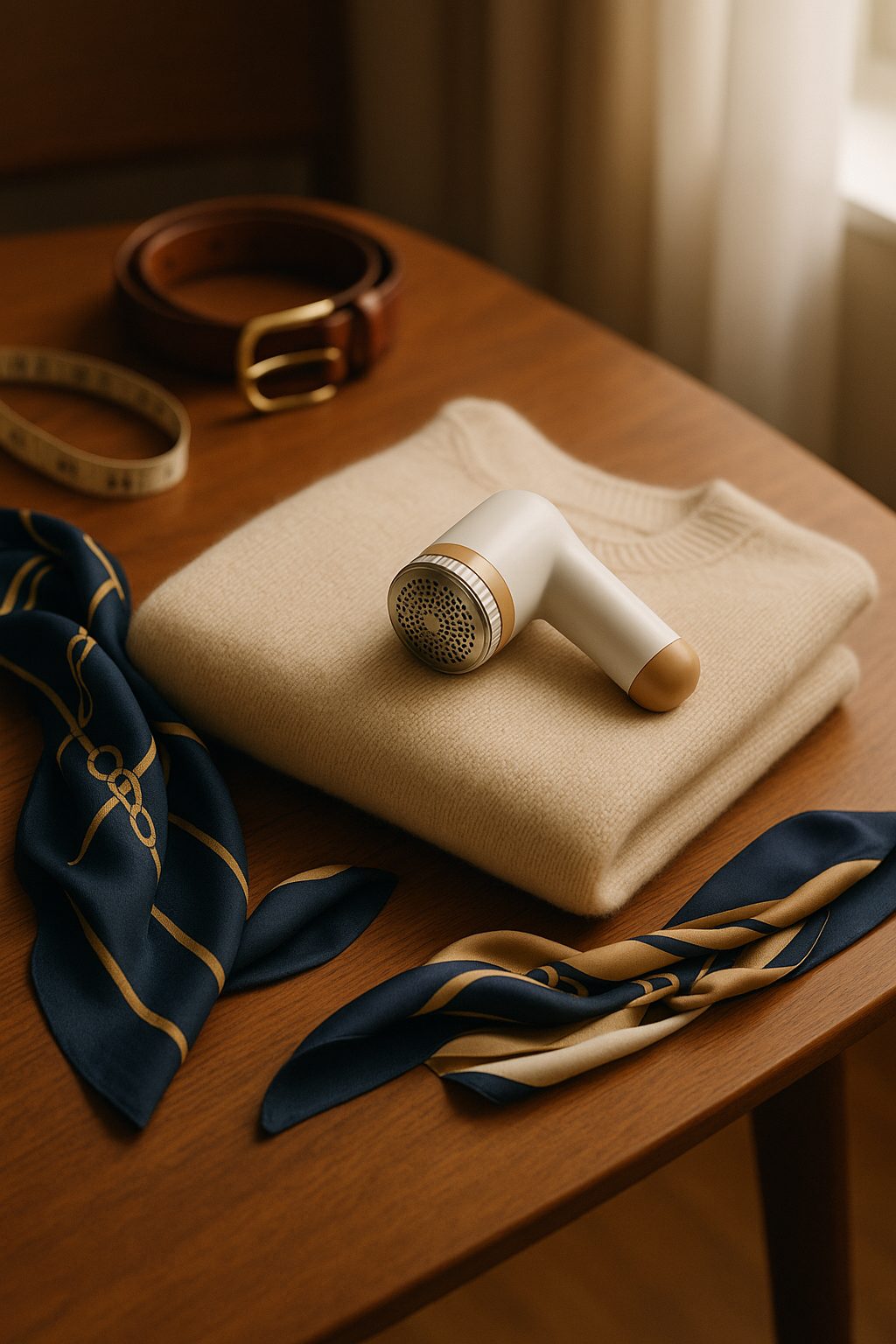 Sweater care scene with scarf, belt, and shaver. Do You Really Need New Clothes Every Season?